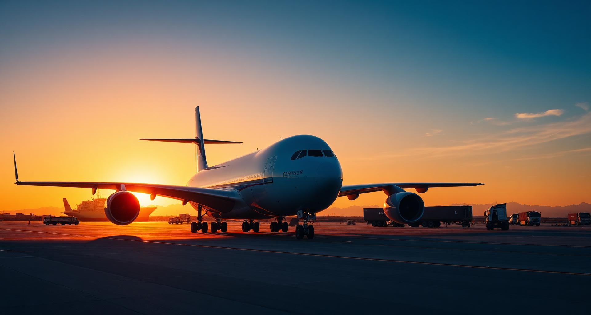 Cargo airplane on tarmac at sunset